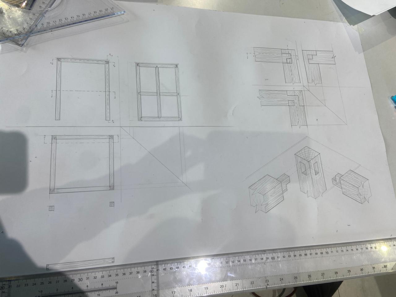 Elevation, side , top and a detail joints for a table   technical drawings
